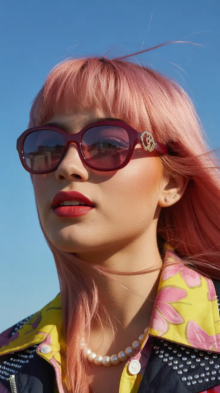 winter hair colors 2025-2026 Rose-Pink Hair with Blunt Bangs