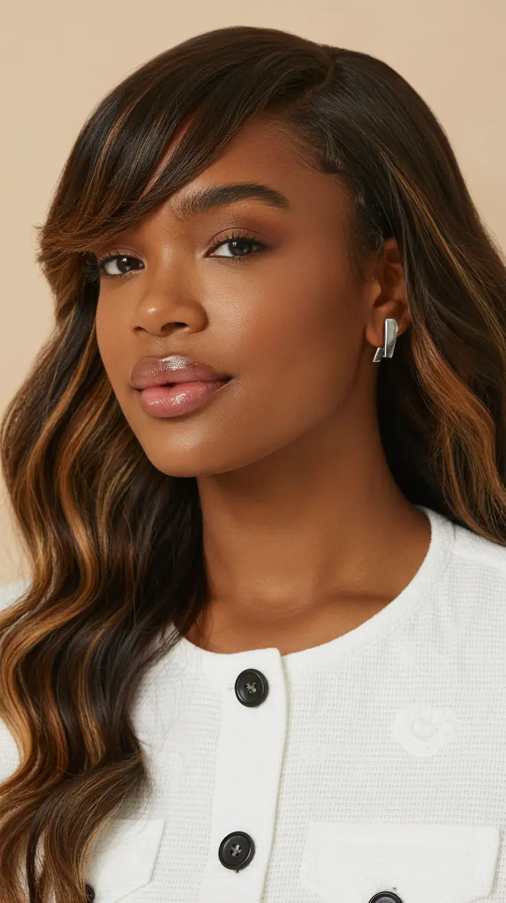 winter hair colors 2025-2026 Caramel Ribbons on Dark Brown Waves