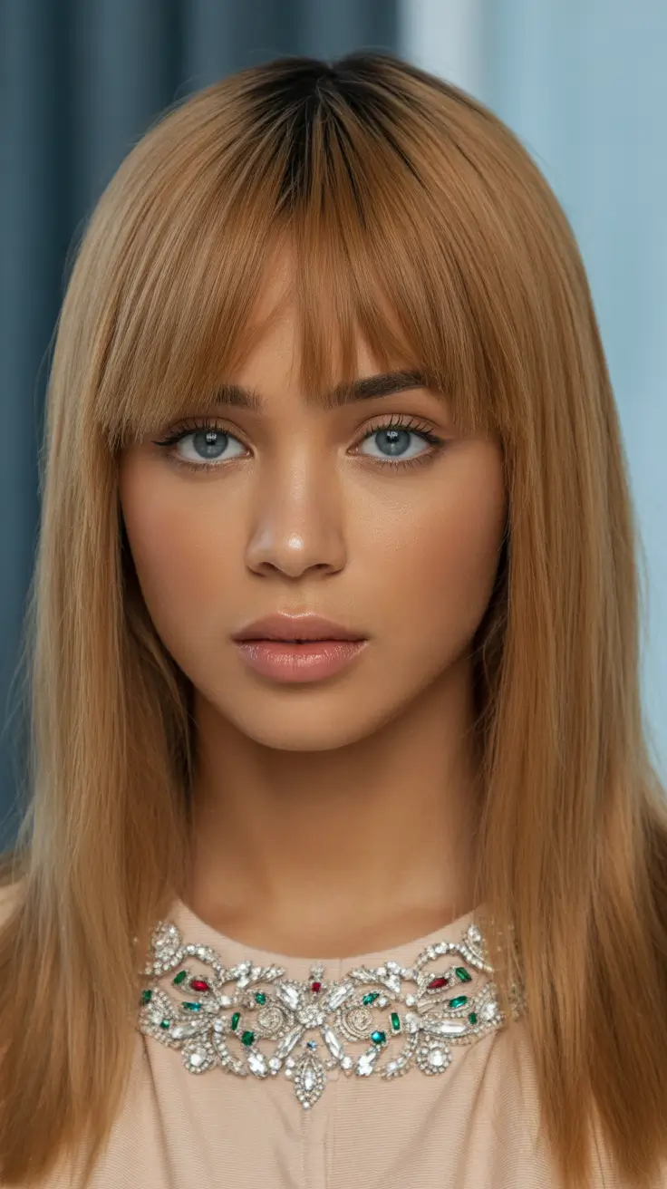 winter hair colors 2025-2026 Honey Blonde with Straight Bangs