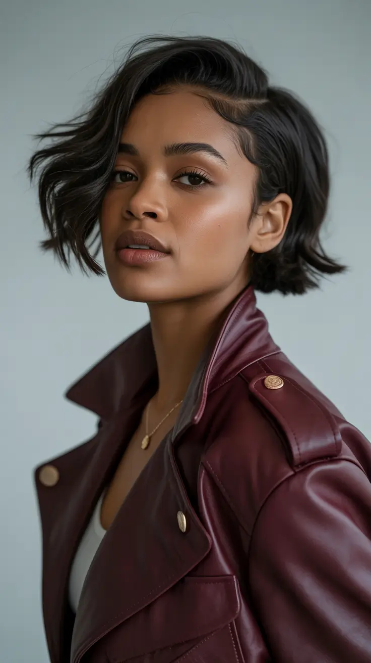 winter hair colors 2025-2026 Chic Dark Bob with Side Waves