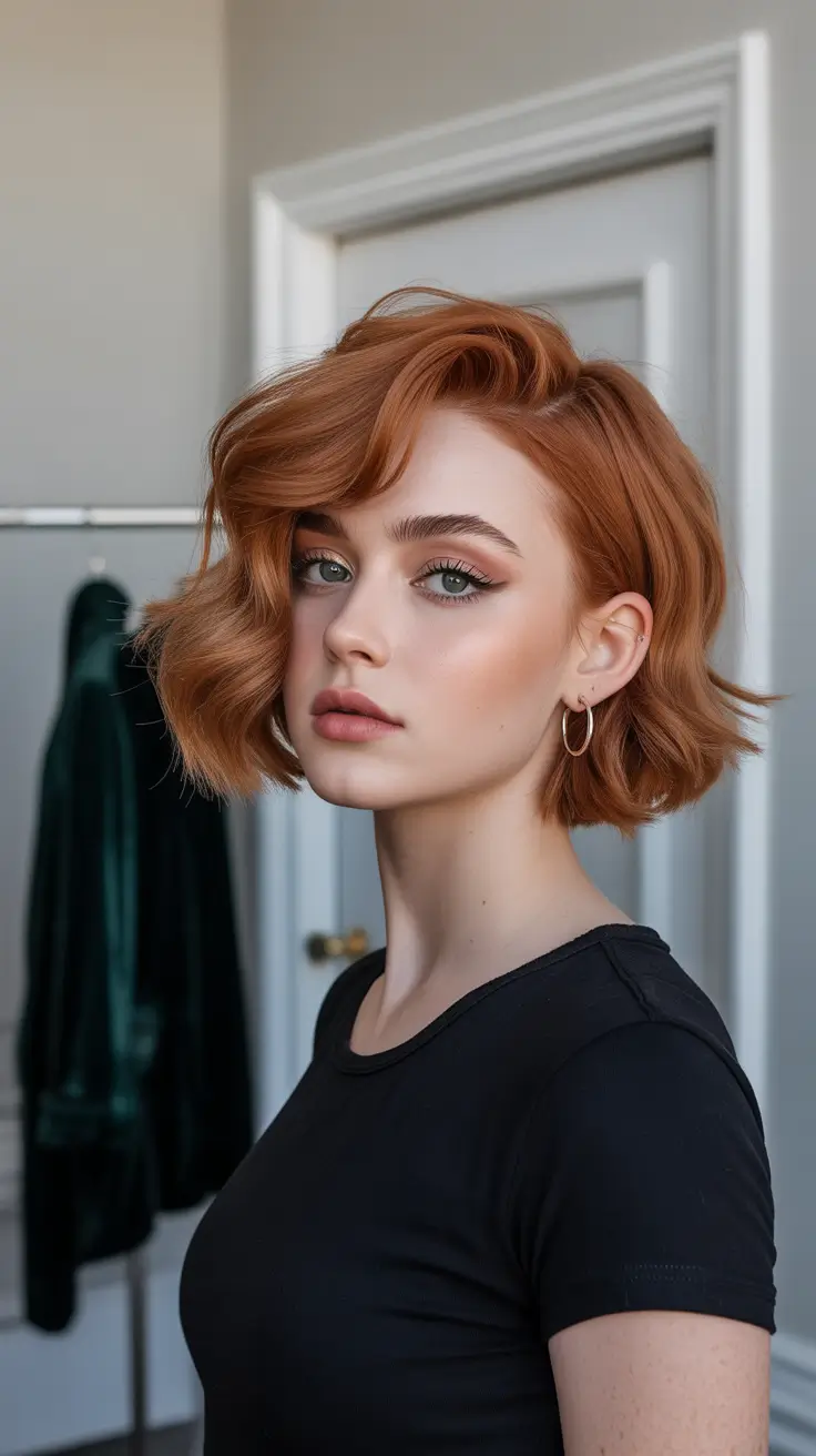 winter haircuts for round faces 2025-2026 Soft Wavy Copper Bob