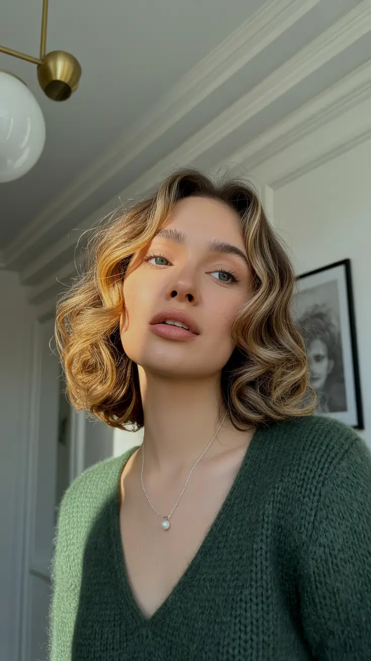 winter haircuts for round faces 2025-2026 Golden Medium Bob with Soft Waves