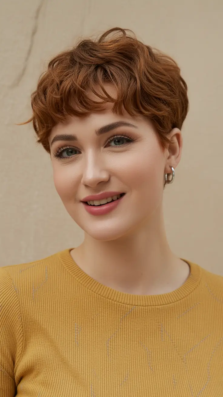 winter haircuts for round faces 2025-2026 Short Copper Crop with Textured Bangs