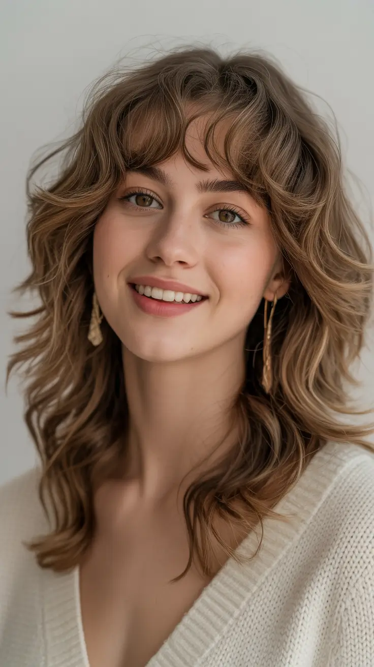 winter haircuts for round faces 2025-2026 Shaggy Mid Length with Natural Waves