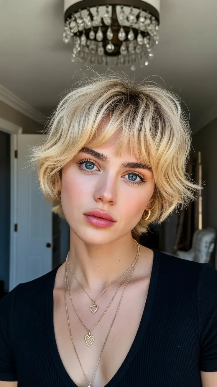 winter haircuts for round faces 2025-2026 Layered Blonde Shag with Bangs