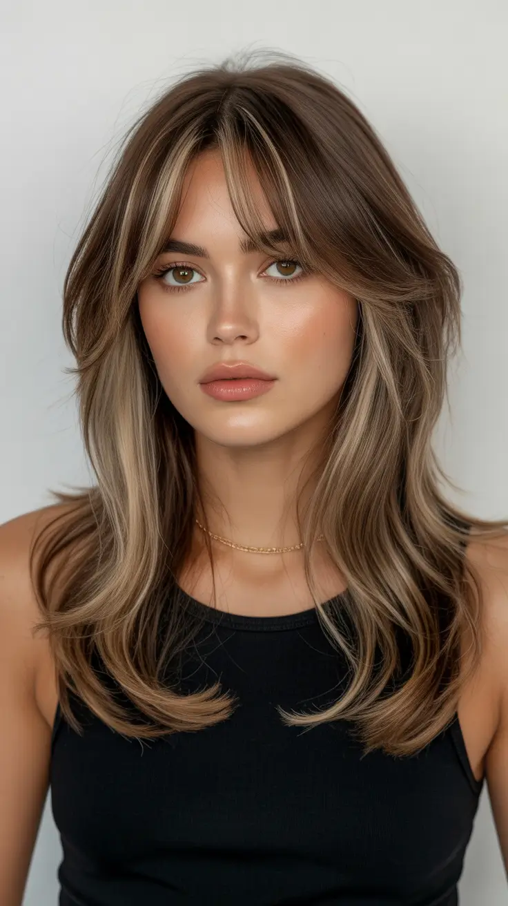 winter haircuts for round faces 2025-2026 Layered Cut with Curtain Bangs