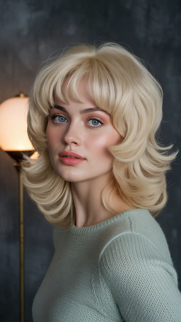 winter haircuts for round faces 2025-2026 Feathered Mid Length with Bangs