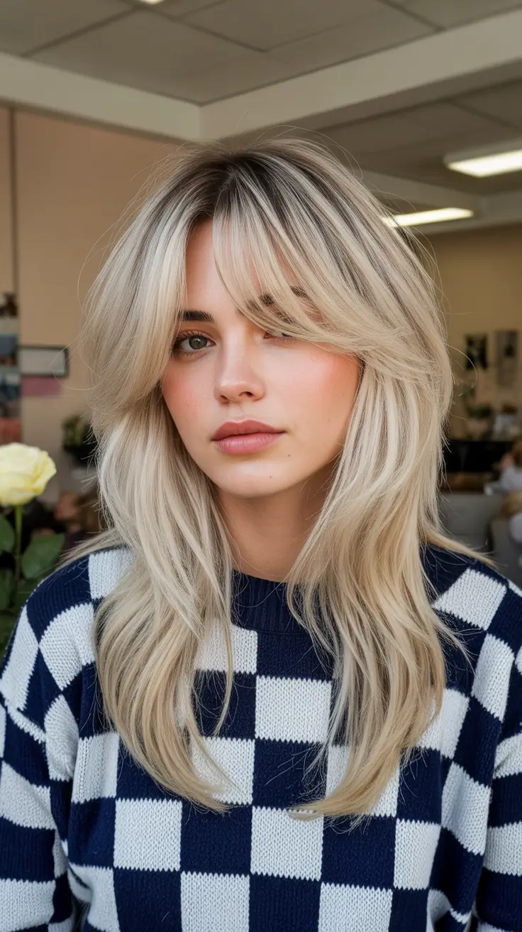 winter haircuts for round faces 2025-2026 Layered Blonde with Curtain Bangs