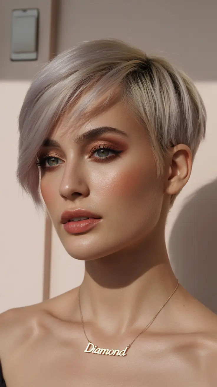 winter haircuts for round faces 2025-2026 Modern Silver Pixie