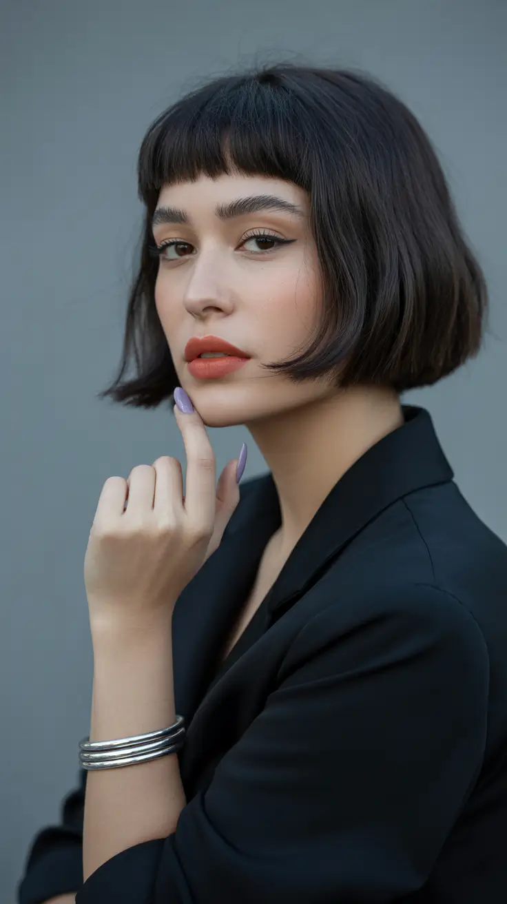 winter haircuts for round faces 2025-2026 Chic French Bob with Baby Bangs