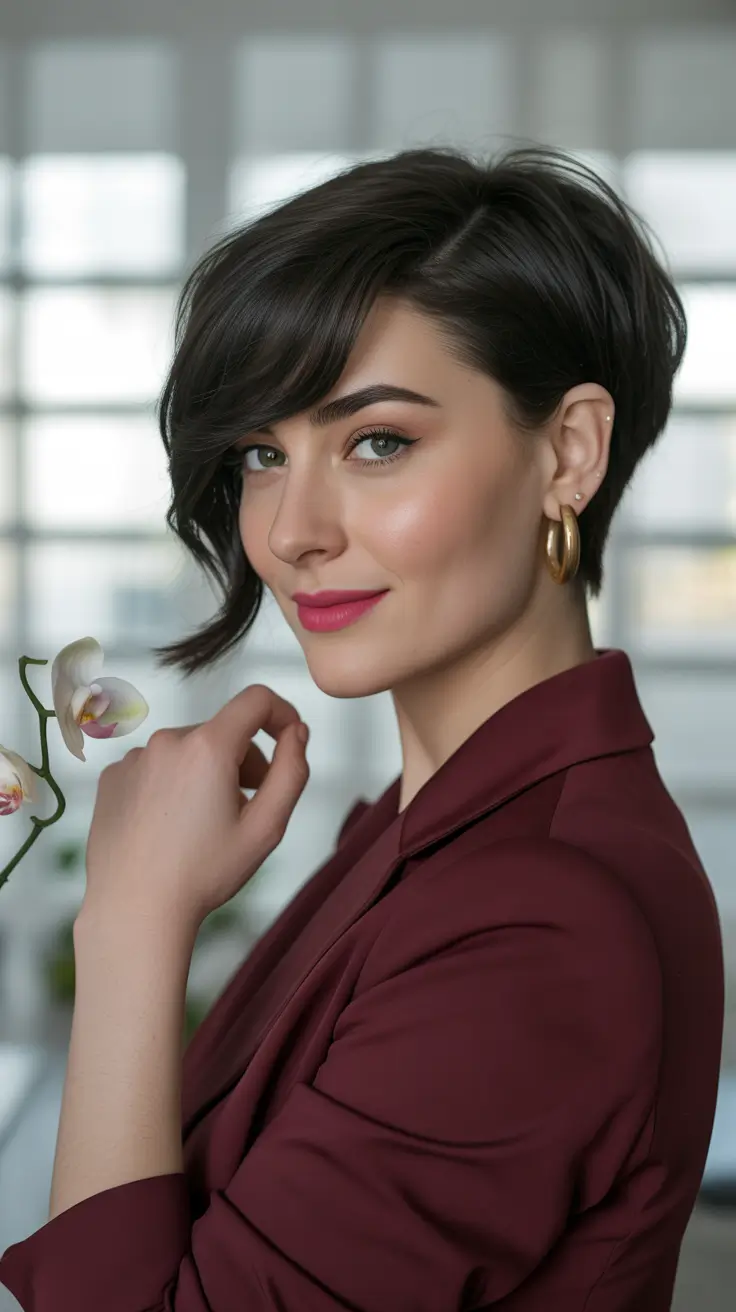winter haircuts for round faces 2025-2026 Asymmetrical Side-Swept Pixie