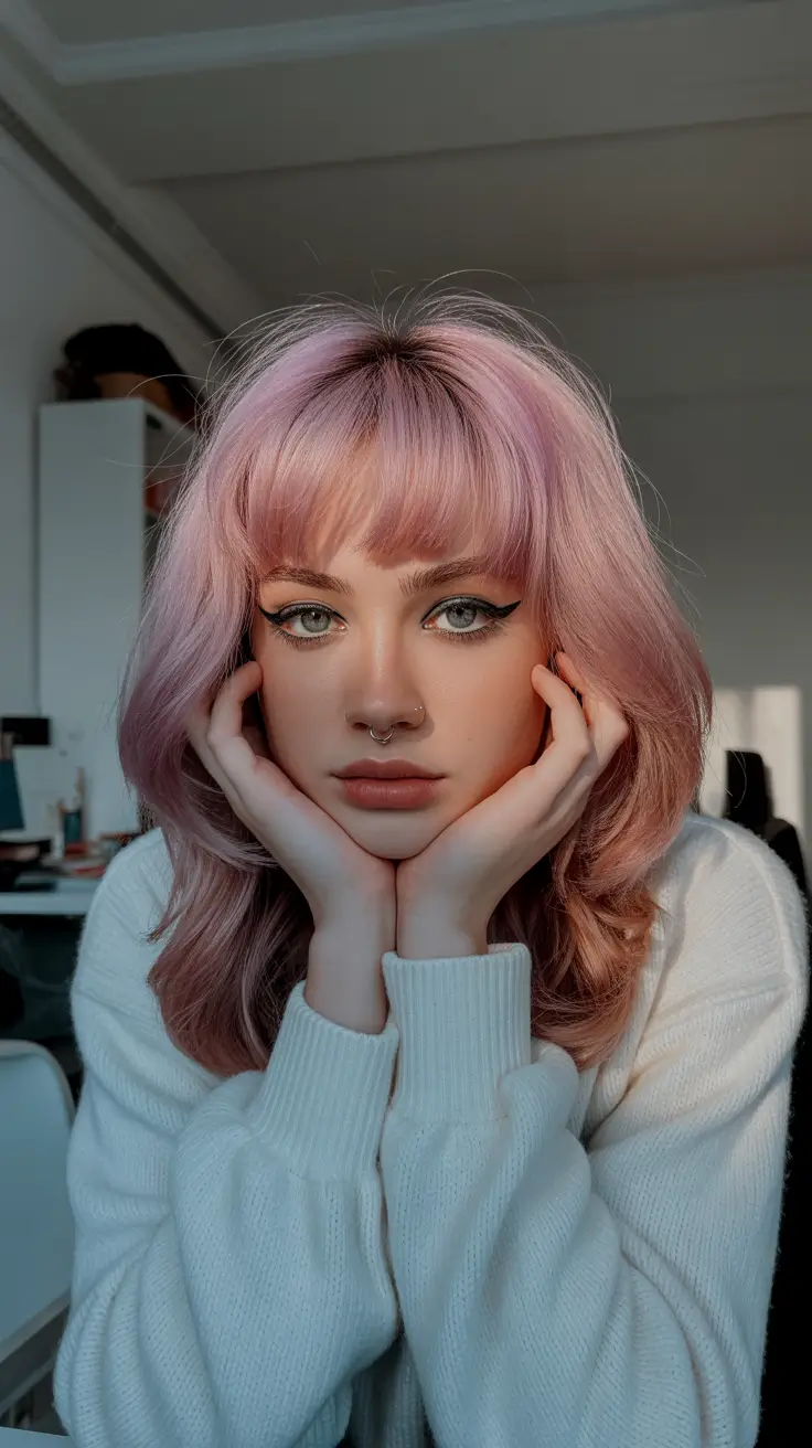 winter haircuts 2025-2026 Pastel Pink Medium Cut With Fringe