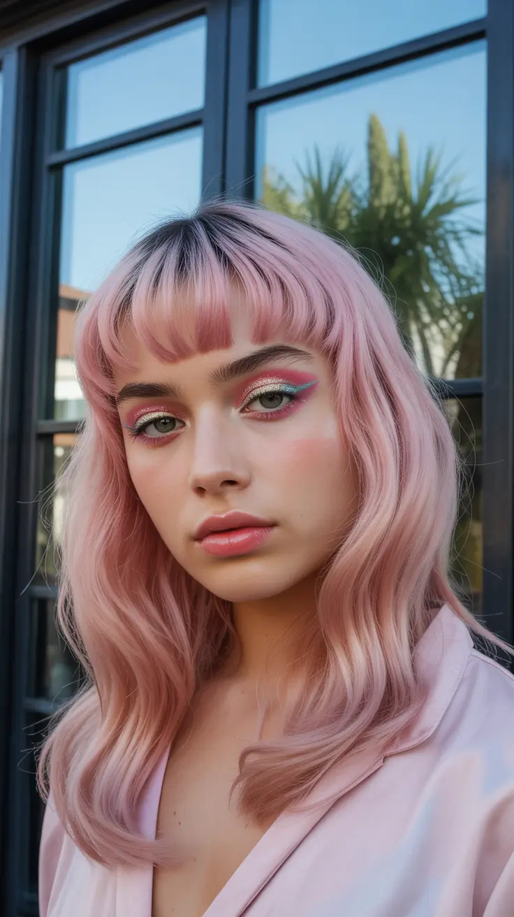 winter haircuts 2025-2026 Glossy Long Pastel Pink Waves