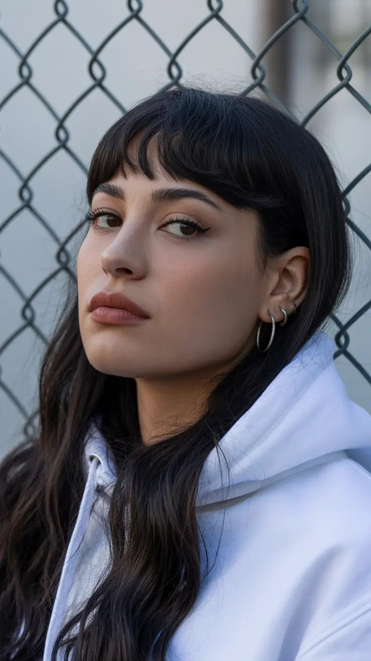 winter haircuts 2025-2026 Glossy Long Hair With Micro Bangs