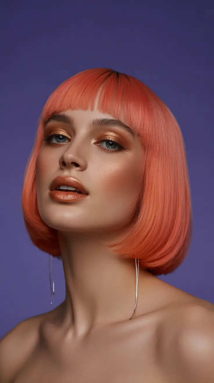 winter haircuts 2025-2026 Bold Peach Bob With Full Fringe