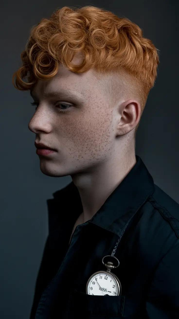 winter haircuts for men 2025-2026 Bold Ginger Fade with Curl Definition