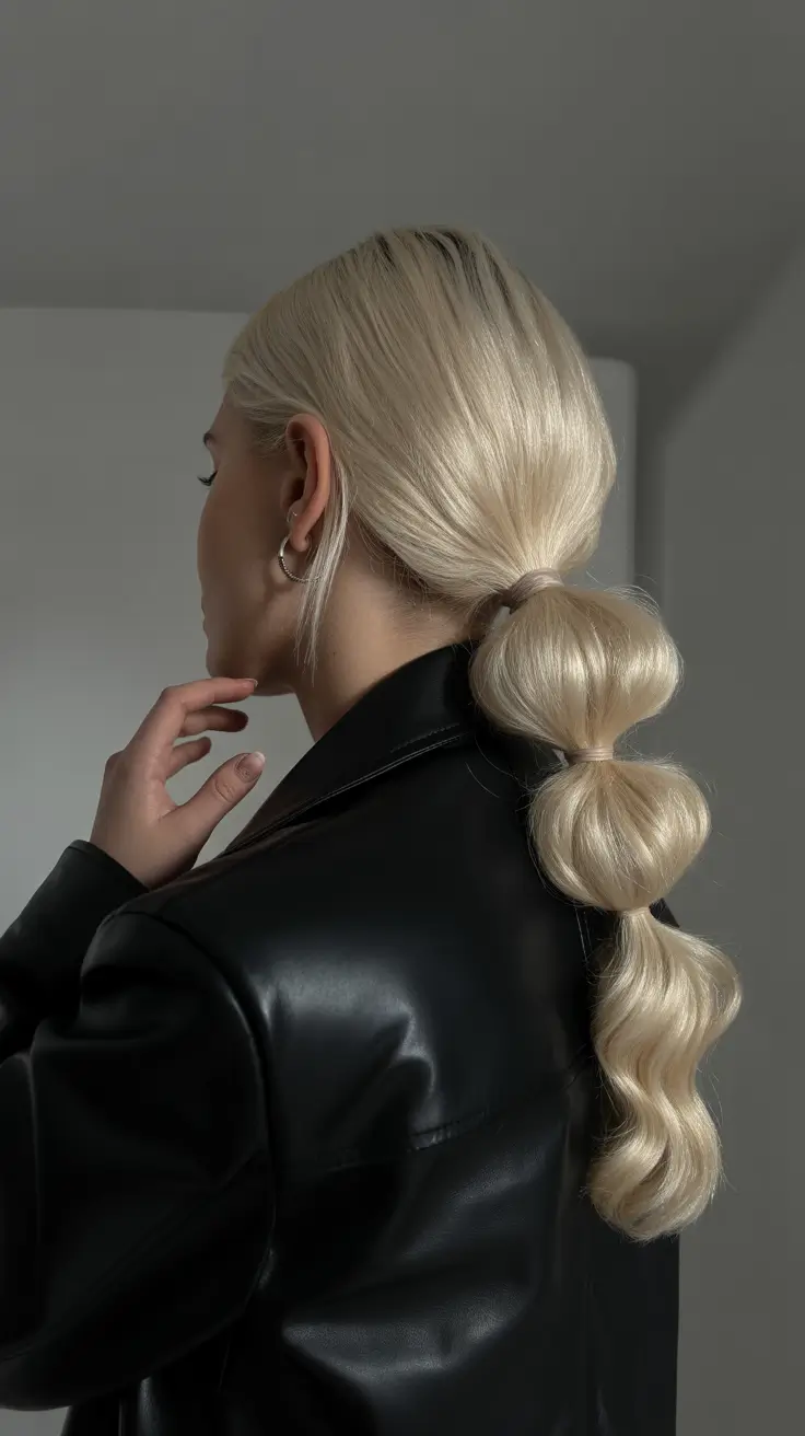 winter hairstyles and color for women over 40 2025-2026 Bubble Ponytail with Platinum Shine