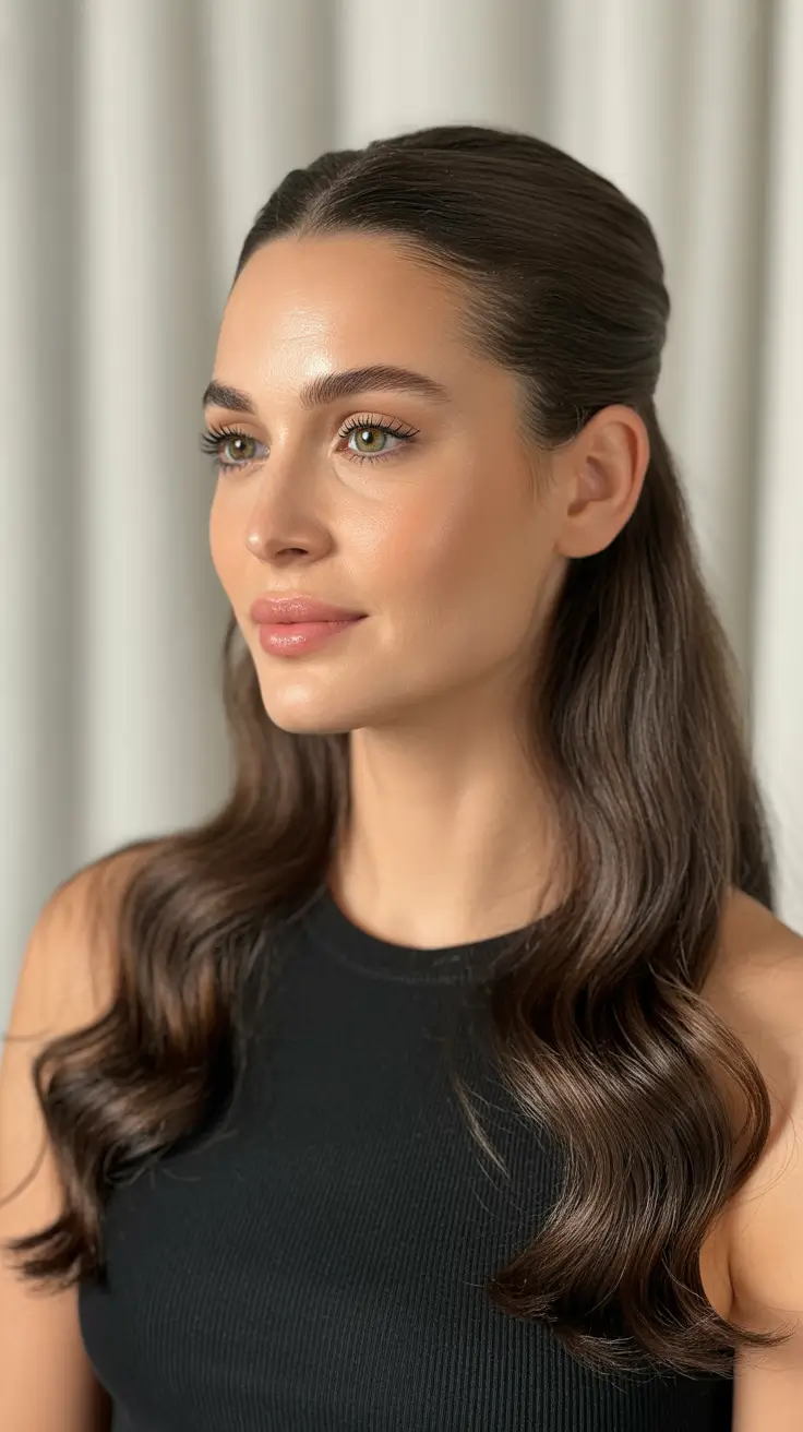 winter hairstyles and color for women over 40 2025-2026 Half-Up Waves with Glossy Finish