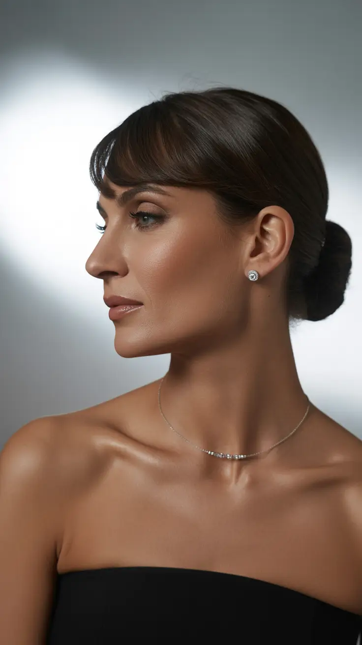 winter hairstyles and color for women over 40 2025-2026 Elegant Bun with Soft Bangs