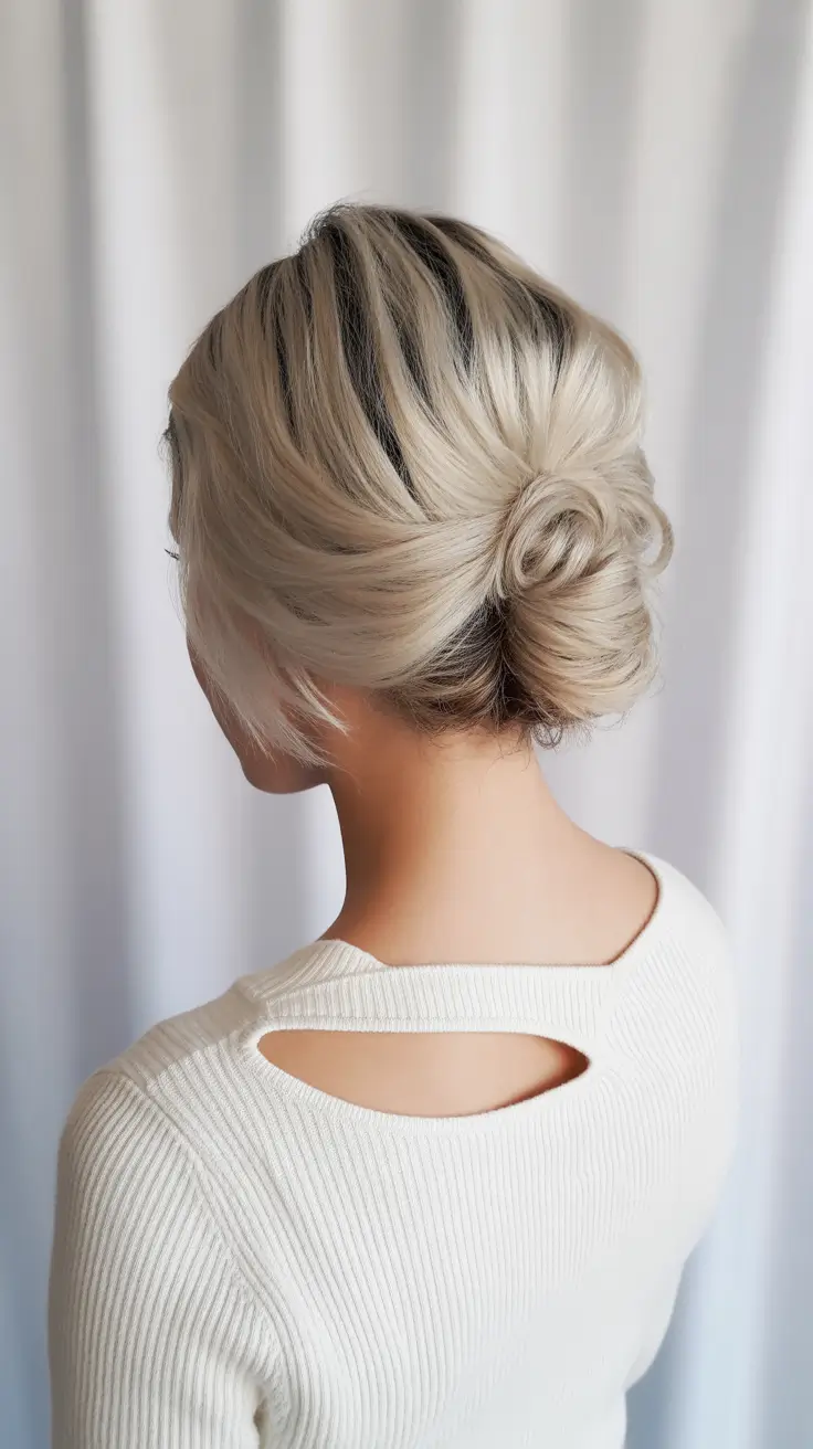 winter hairstyles and color for women over 40 2025-2026 Polished Low Bun with Platinum Dimension