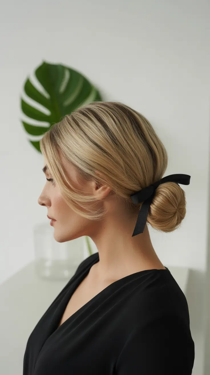 winter hairstyles and color for women over 40 2025-2026 Romantic Low Bun with Ribbon
