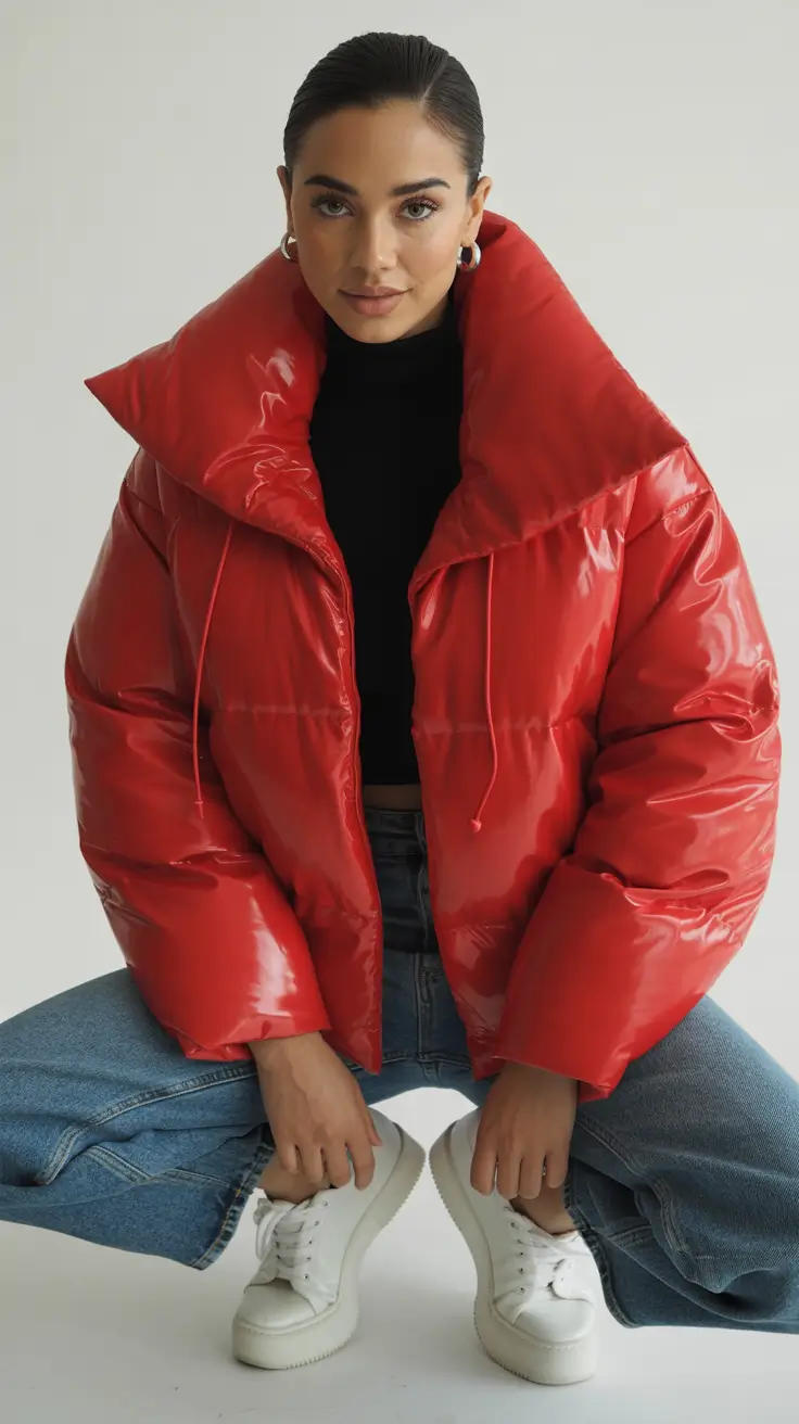 winter outfits 2025-2026 The Power Puffer in Vivid Red
