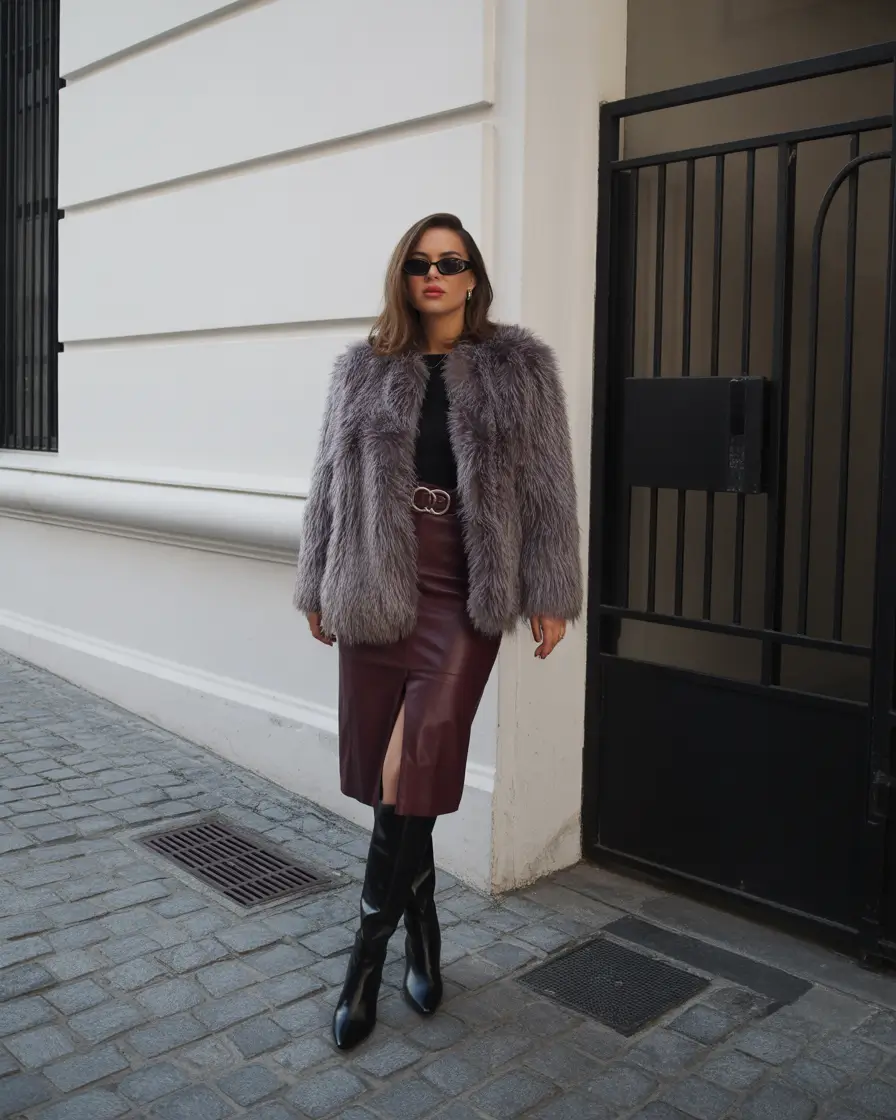 winter outfits inspiration 2025 Chic in Grape Tones and High-Shine Confidence