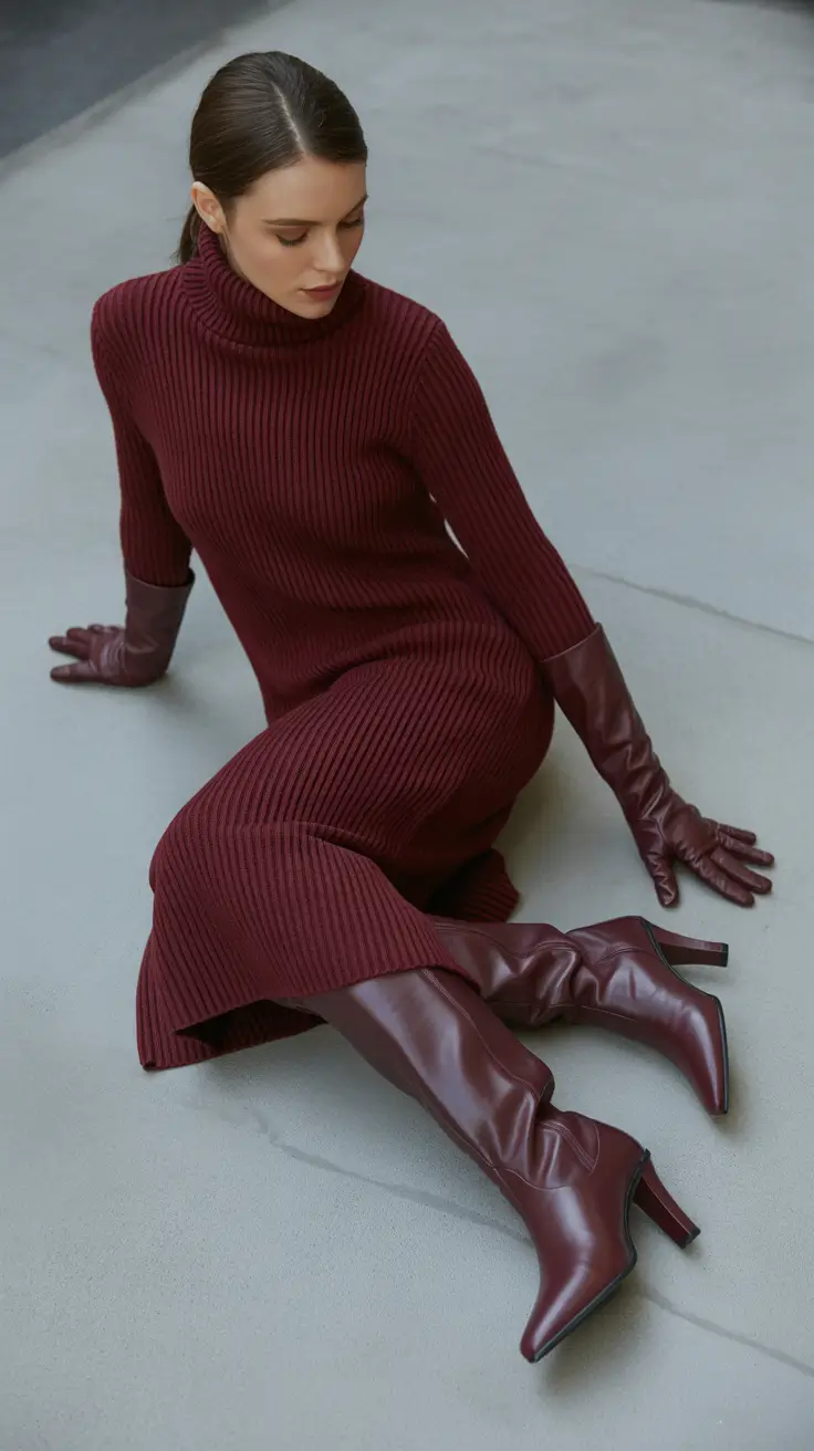 winter outfits inspiration 2025 Merlot Monochrome Knit Elegance