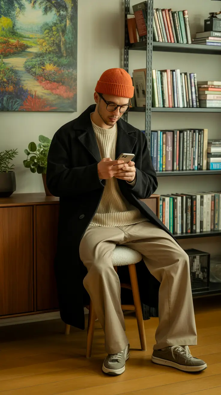 winter outfits men 2025-2026 Warm Neutrals Indoors