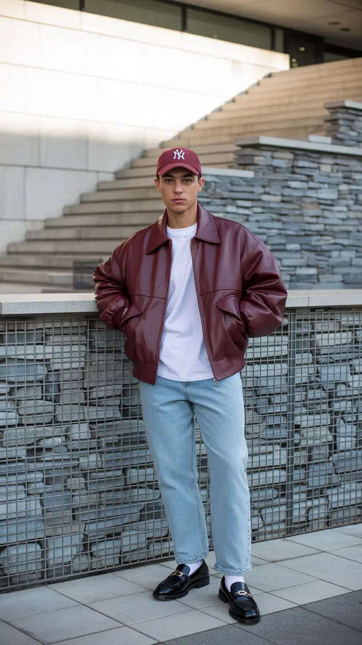 winter outfits men 2025-2026 Burgundy Leather and Light Denim Contrast