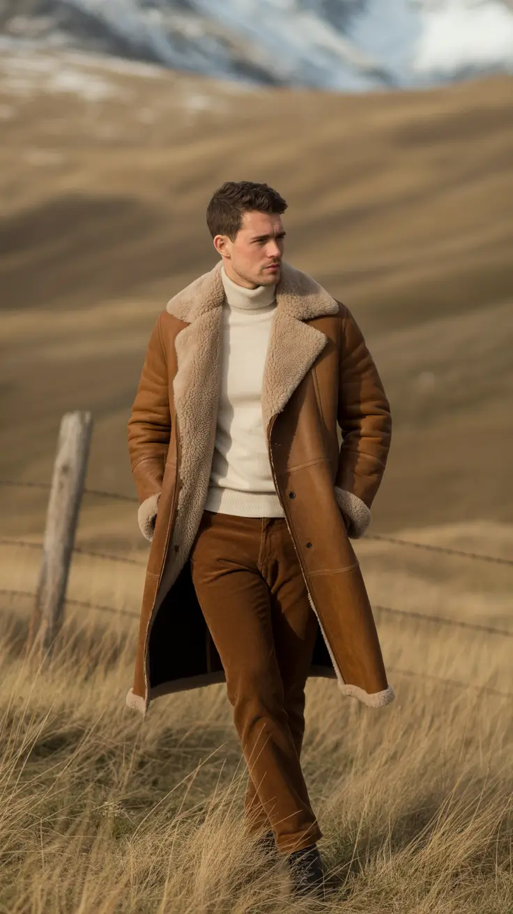winter outfits men 2025-2026 Shearling Elegance in the Mountains