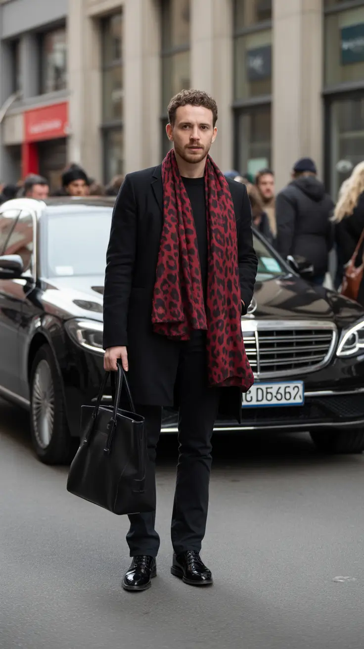 winter outfits men 2025-2026 Leopard Scarf with Black Layers