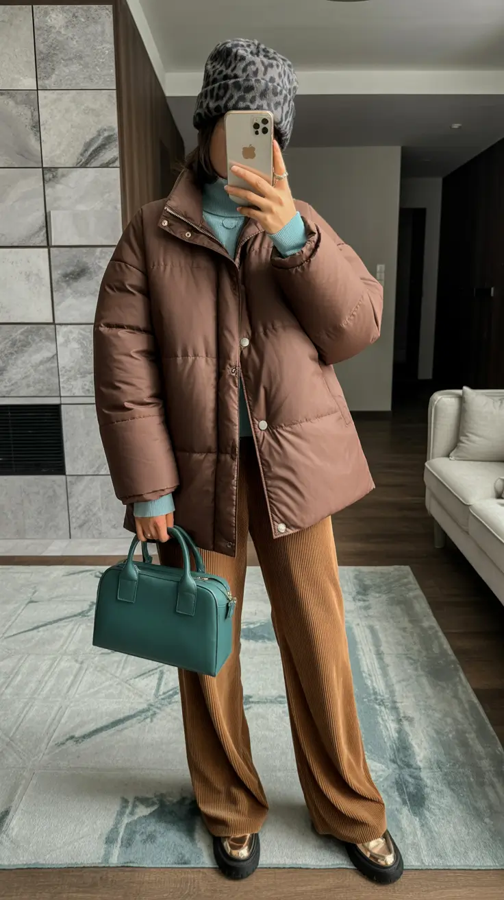 puffer jacket outfit 2025-2026 Warm & Earthy with a Twist