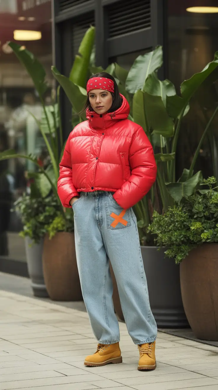puffer jacket outfit 2025-2026 City Street Energy in Puffer Red