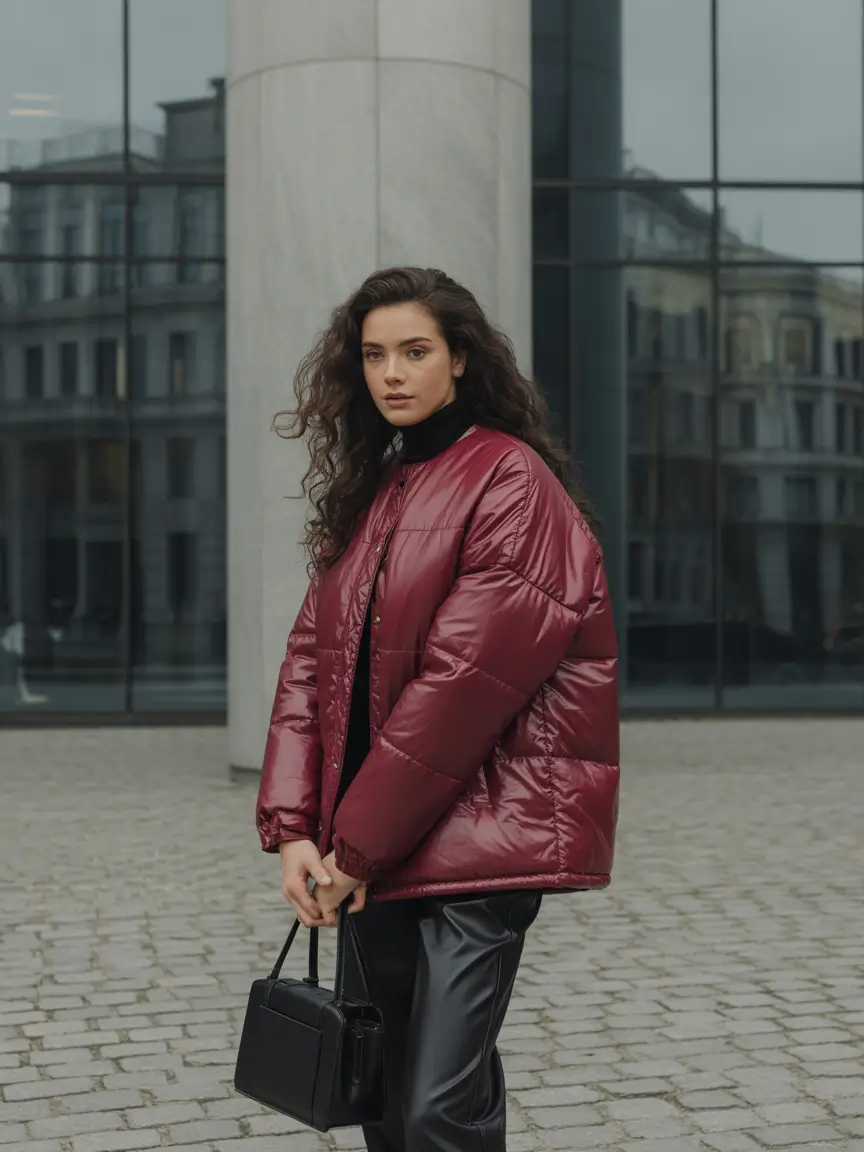 puffer jacket outfit 2025-2026 Understated Cool in Burgundy Tones