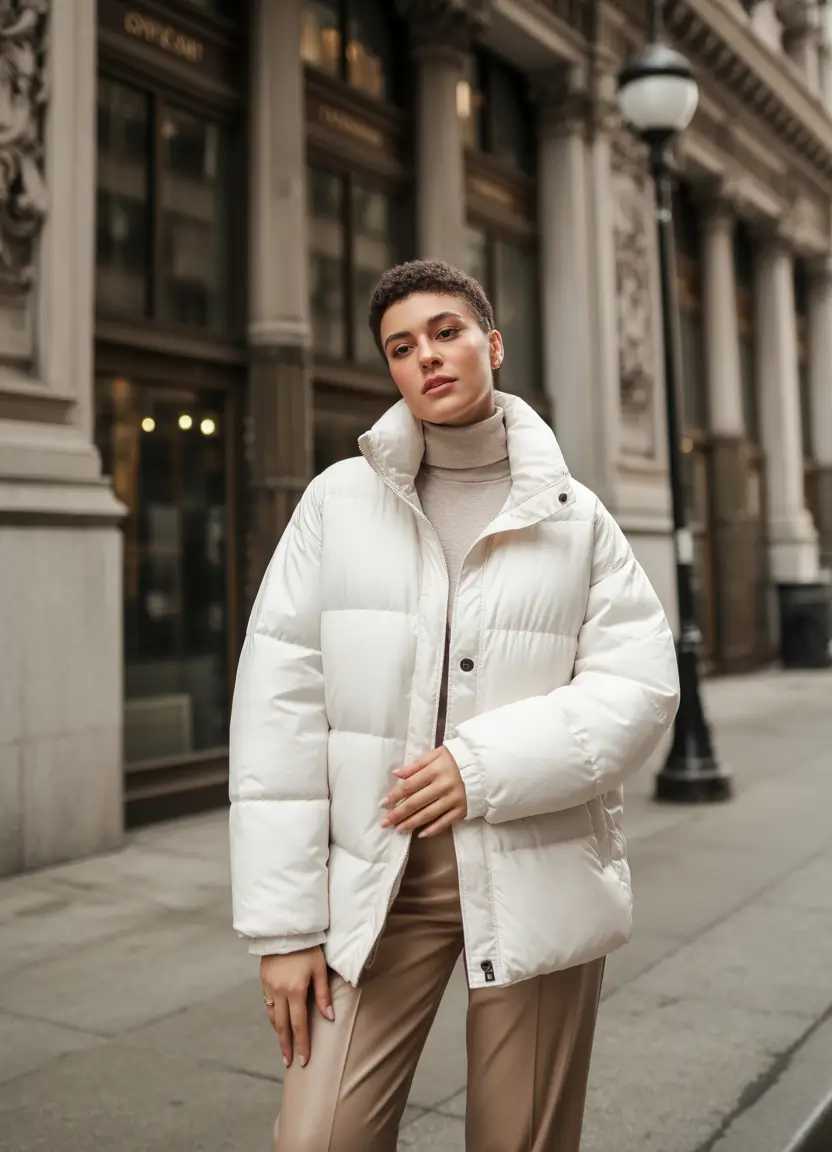 puffer jacket outfit 2025-2026 Minimalist Power in Cream White