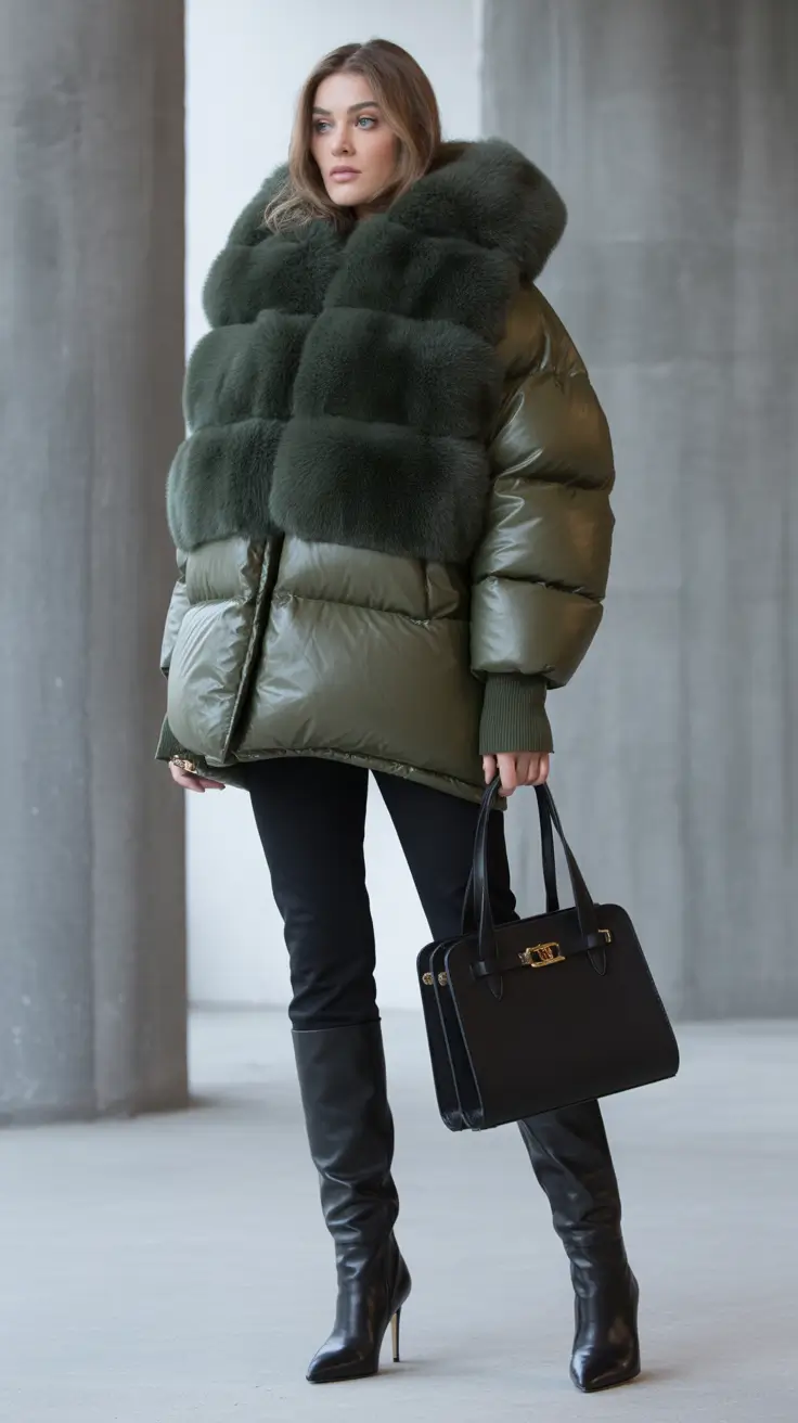 puffer jacket outfit 2025-2026 Opulent Drama in Olive Green