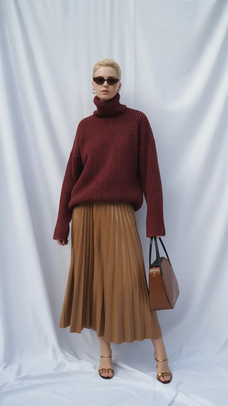 winter work outfits 2025-2026 Wine and Camel Harmony