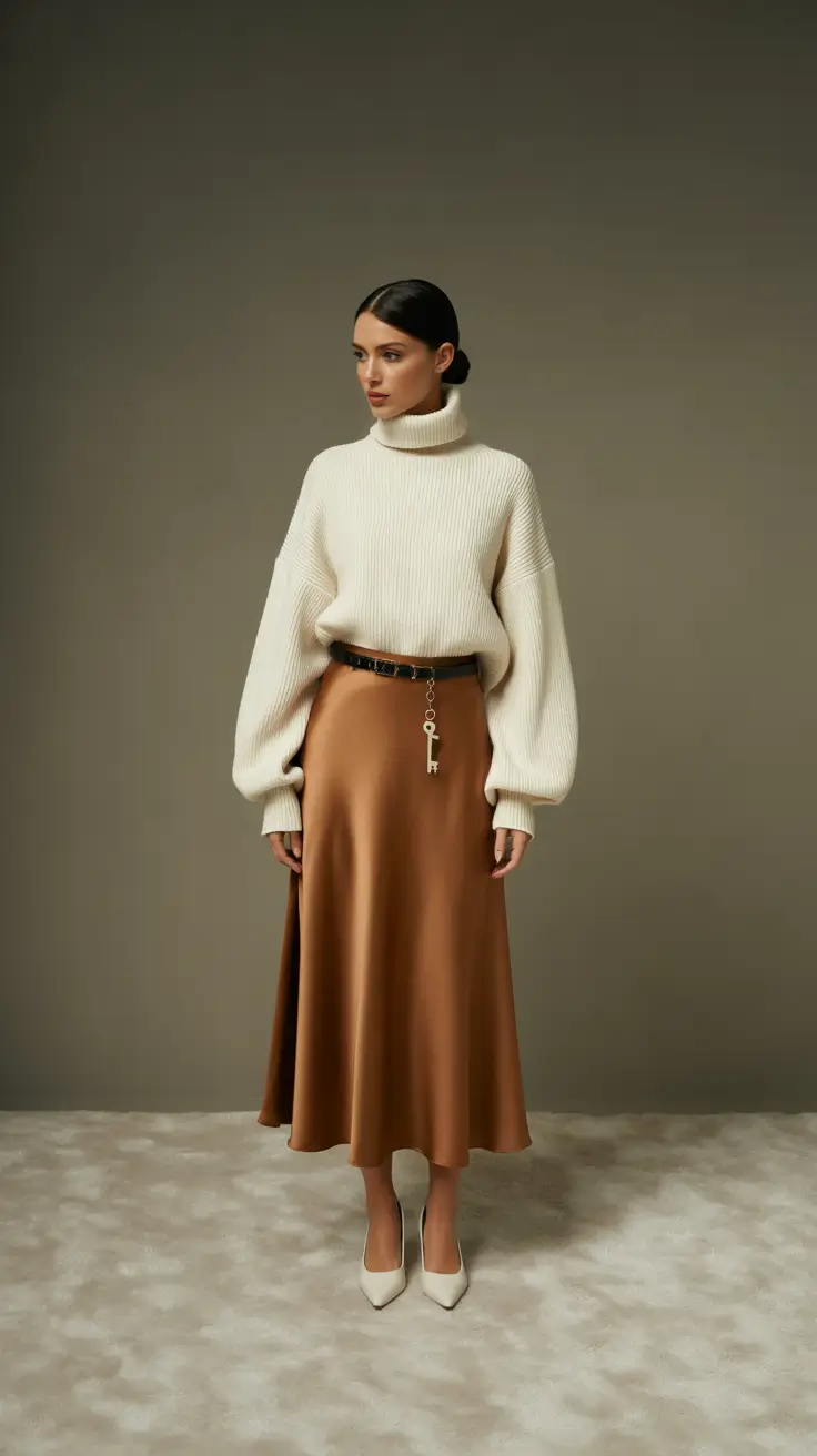 winter work outfits 2025-2026 Soft Neutrals with Satin Skirt