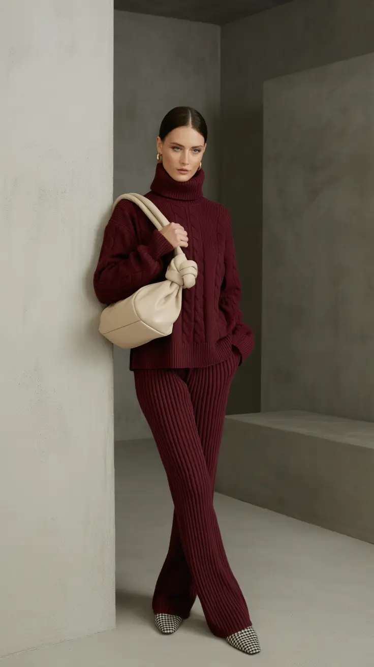 winter work outfits 2025-2026 Burgundy Knit Co-ord Confidence