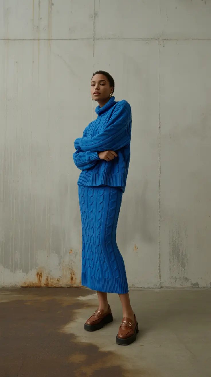 winter work outfits 2025-2026 Electric Blue Knit Power