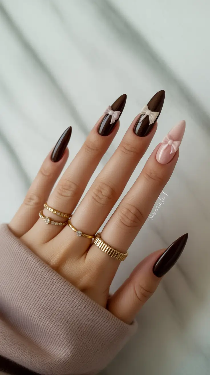Acrylic Nail Trends Winter 2025–2026 Chocolate Bows & Blush