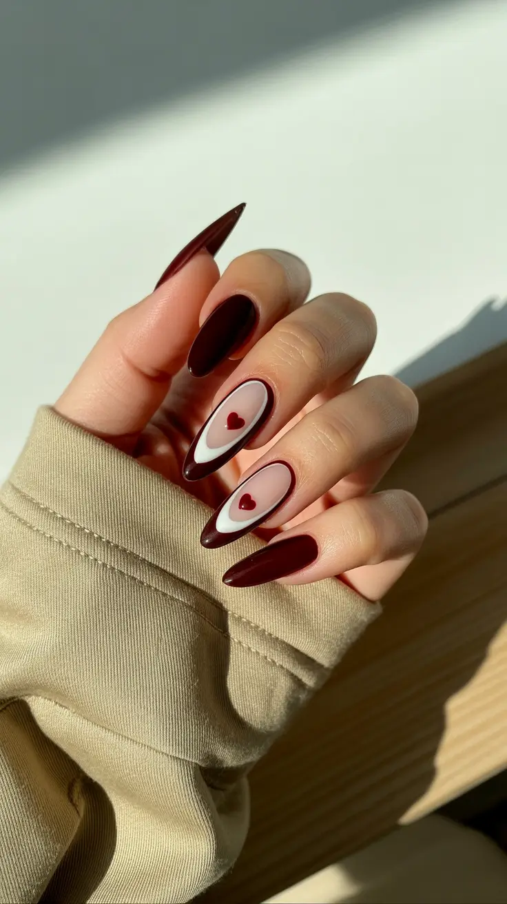 Acrylic Nail Trends Winter 2025–2026 Heart-Outlined Burgundy Charm
