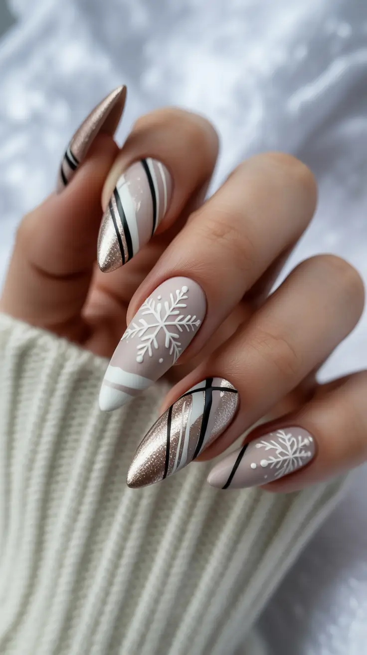 Acrylic Nail Trends Winter 2025–2026 Champagne Snowflakes