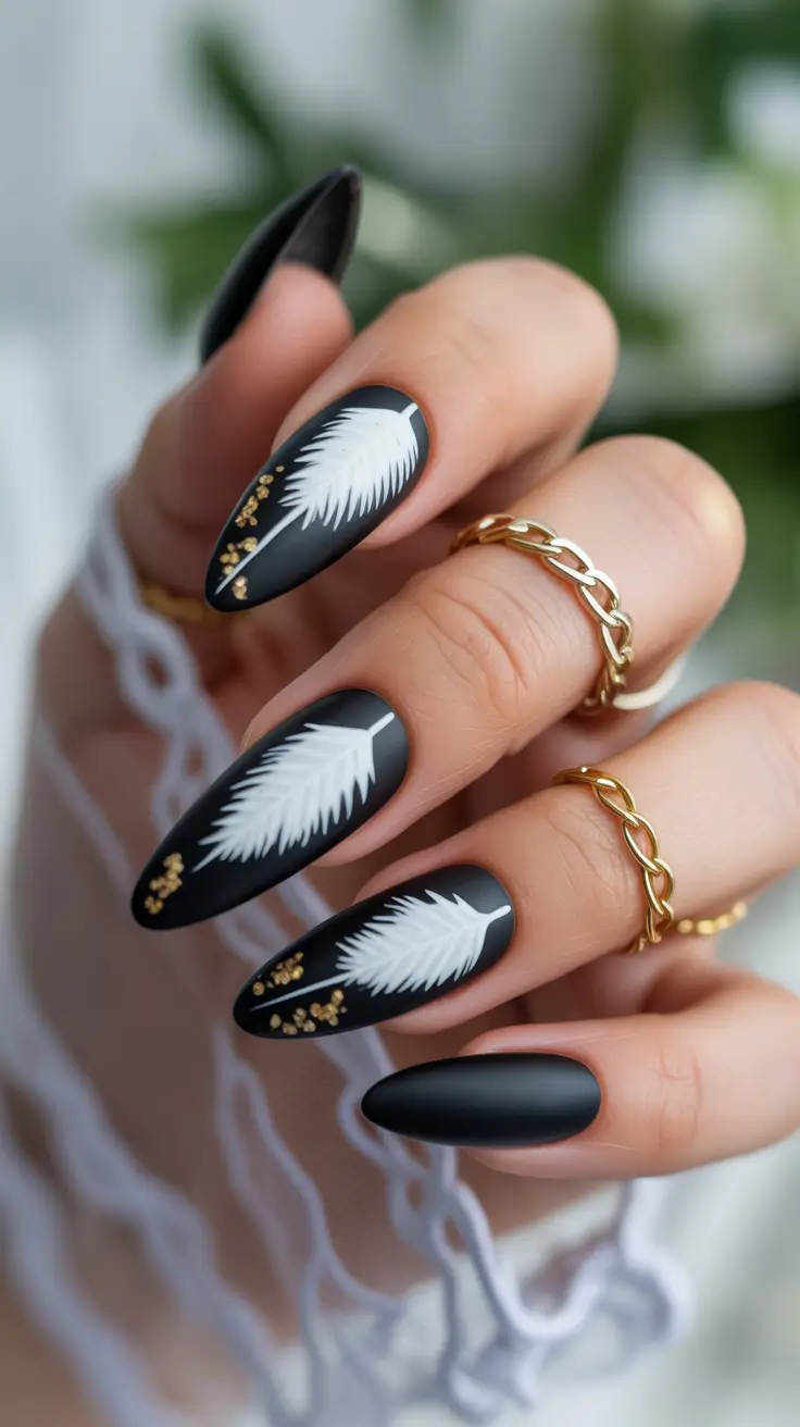 Best Acrylic Nails Christmas 2025 Black White Winter Feathers