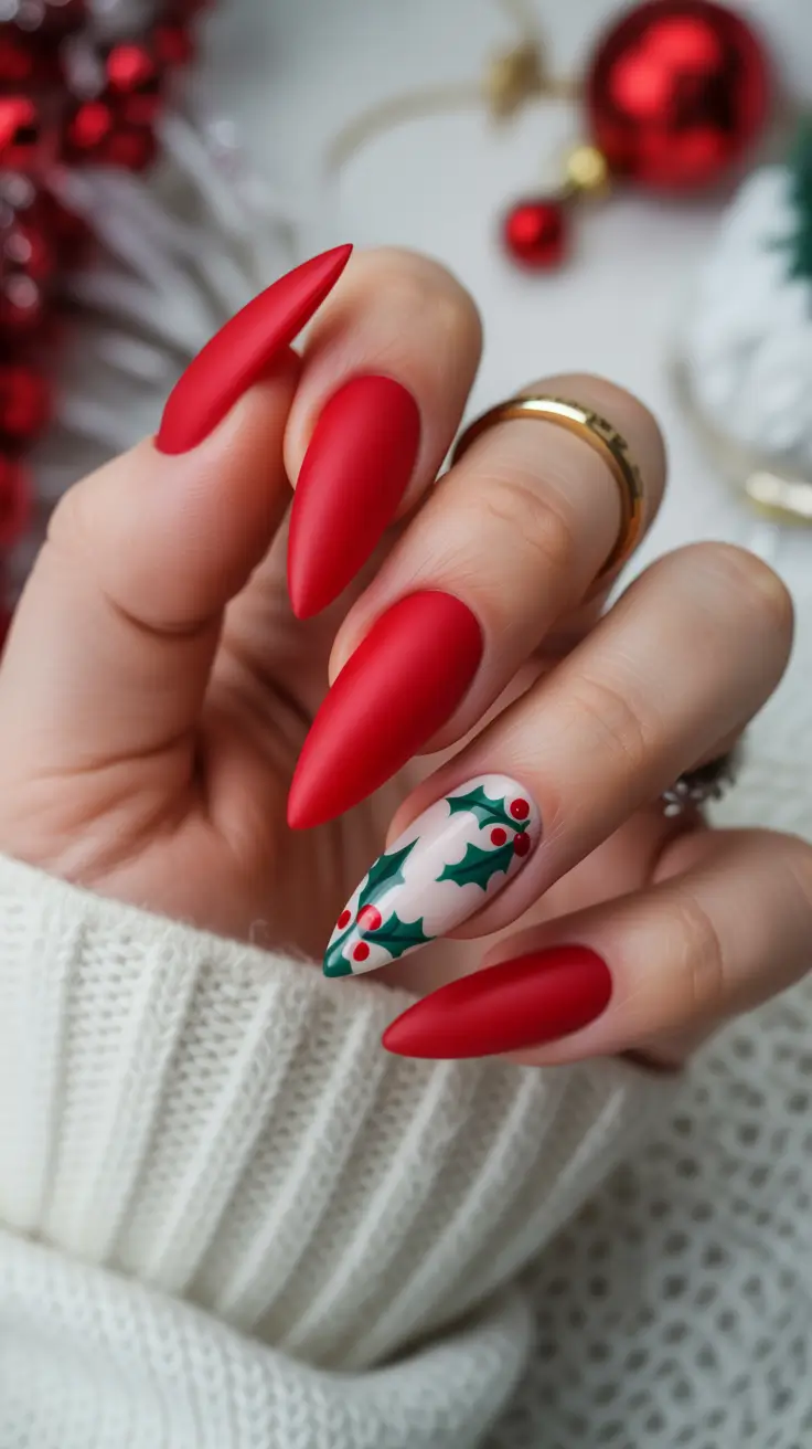 Best Acrylic Nails Christmas 2025 Matte Red Holly Berries