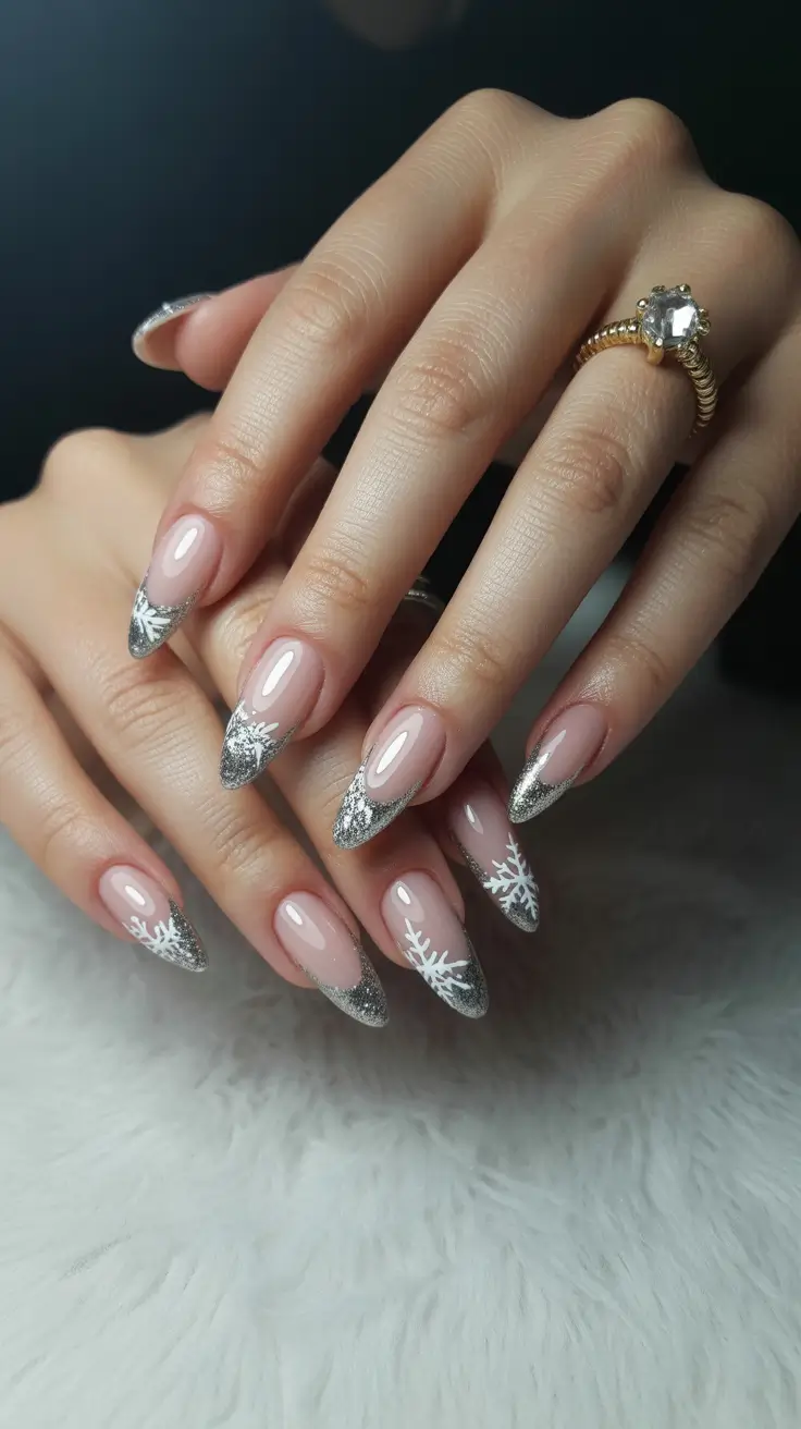 Best Acrylic Nails Christmas 2025 Silver-Tipped Snowflake Elegance