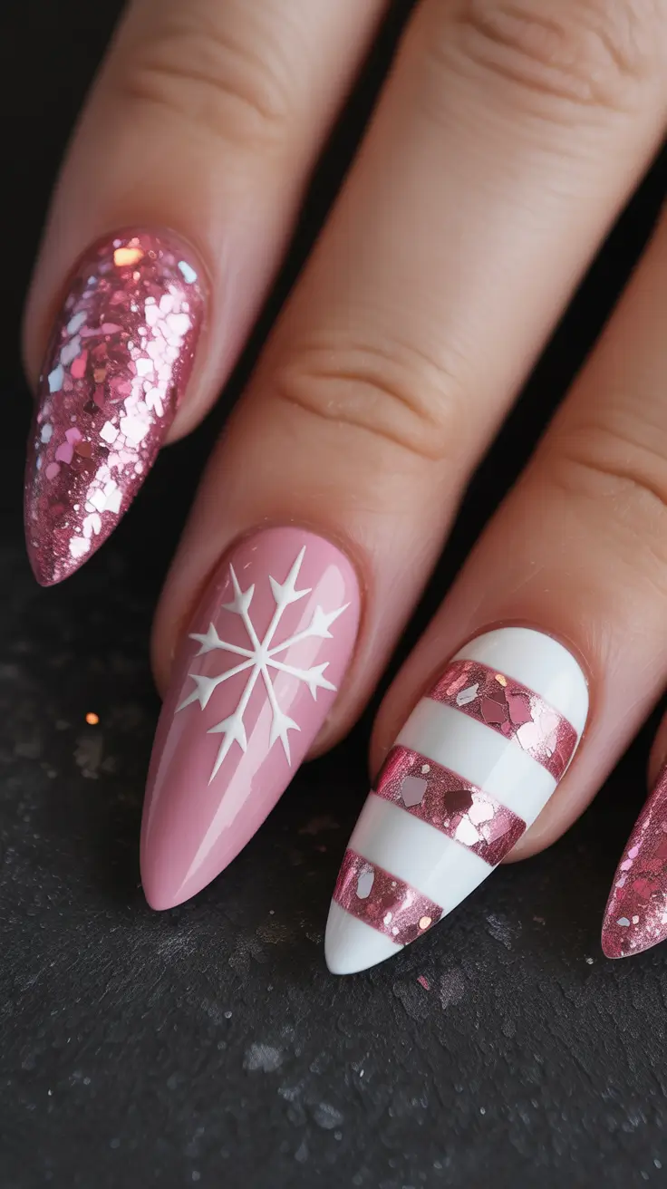 Best Acrylic Nails Christmas 2025 Pink Candy Cane Fantasy