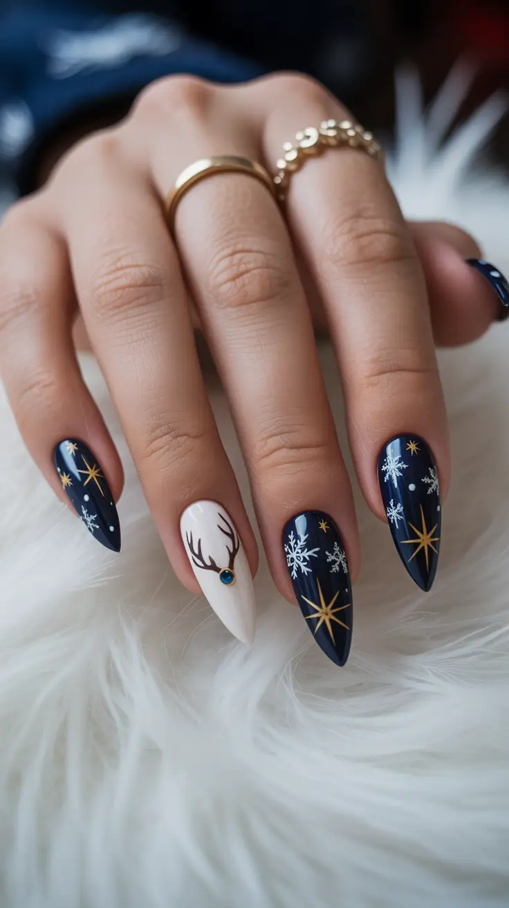 Best Blue Nails Winter 2025 2026 Midnight Frost with Golden Constellations