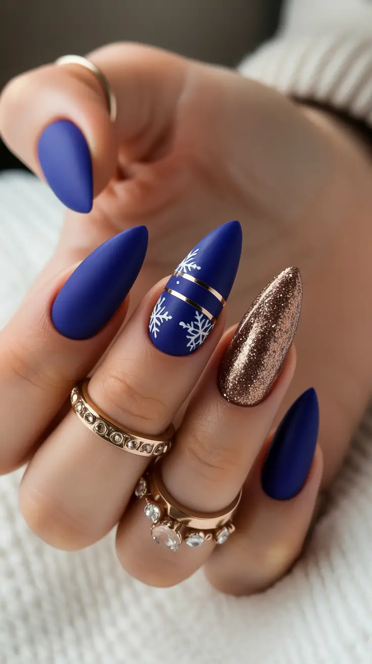 Best Blue Nails Winter 2025 2026 Royal Blue Snowfall with a Hint of Gold